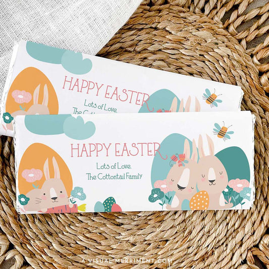 Spring Bunny Easter chocolate wrapper wrapped on candy on grass mat