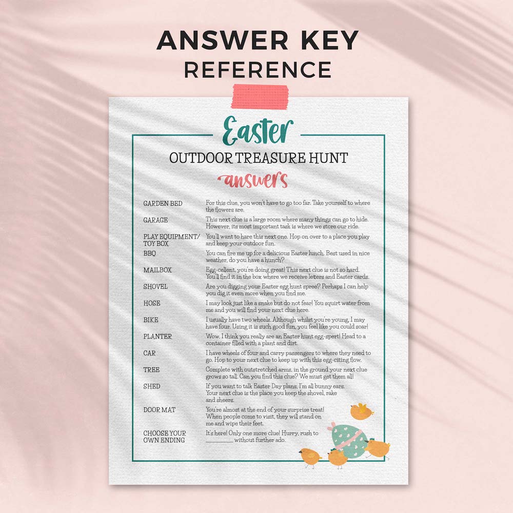 page with location answers for outdoor spring pastel printable easter scavenger hunt clue cards