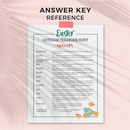 page with location answers for outdoor spring pastel printable easter scavenger hunt clue cards
