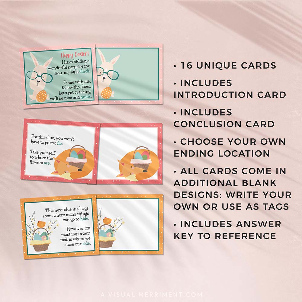 set of spring pastel outdoor easter scavenger hunt printable clue cards and features