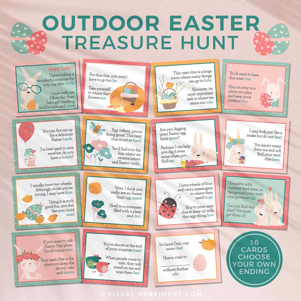 spring pastel printable easter scavenger hunt clue cards laid out on pink background