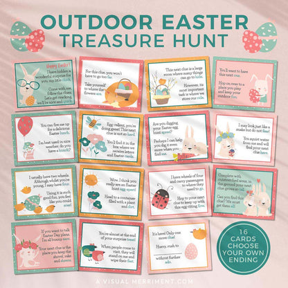 spring pastel printable easter scavenger hunt clue cards laid out on pink background