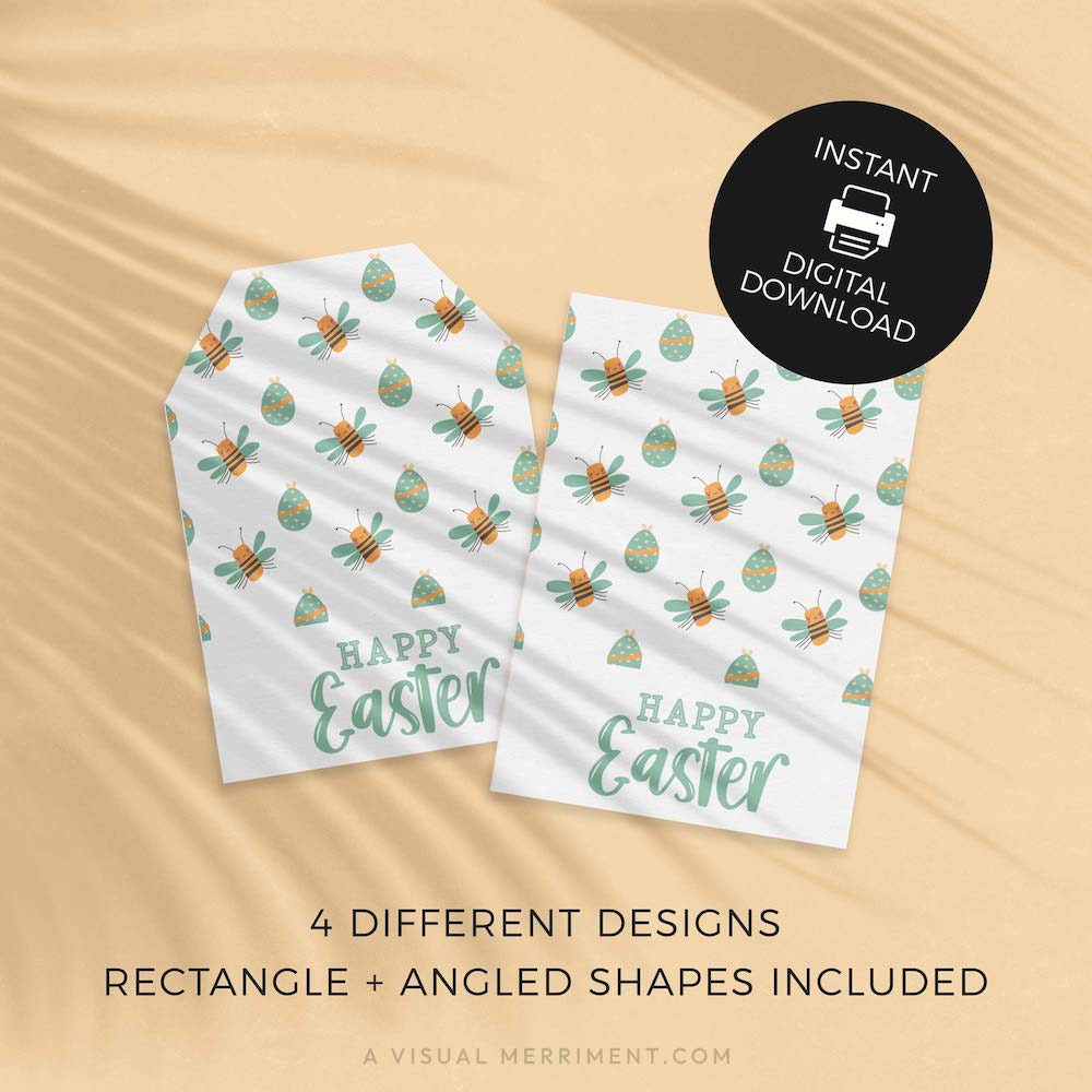 set of two Easter gift tags with cute bee and egg illustrations