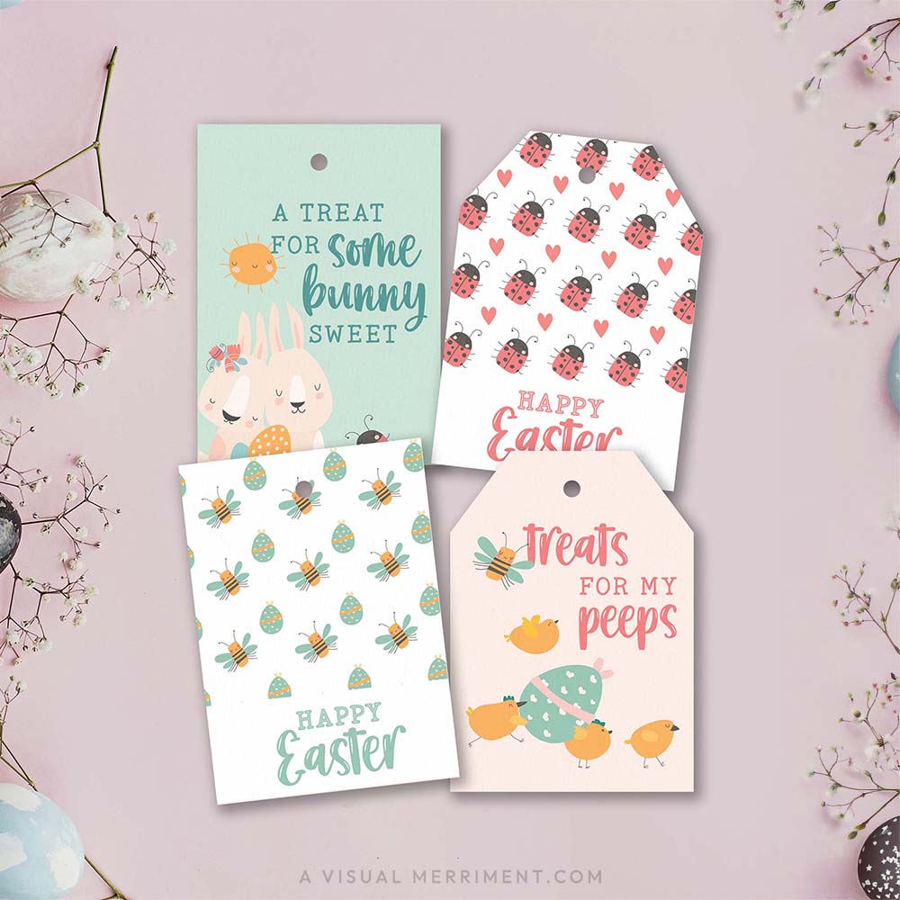 Four Easter gift tags with cute illustrations and text on a light pink background.