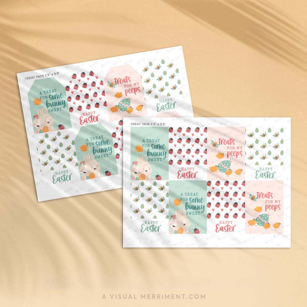 2 pages of Easter gift tags with cute bunny and spring illustrations