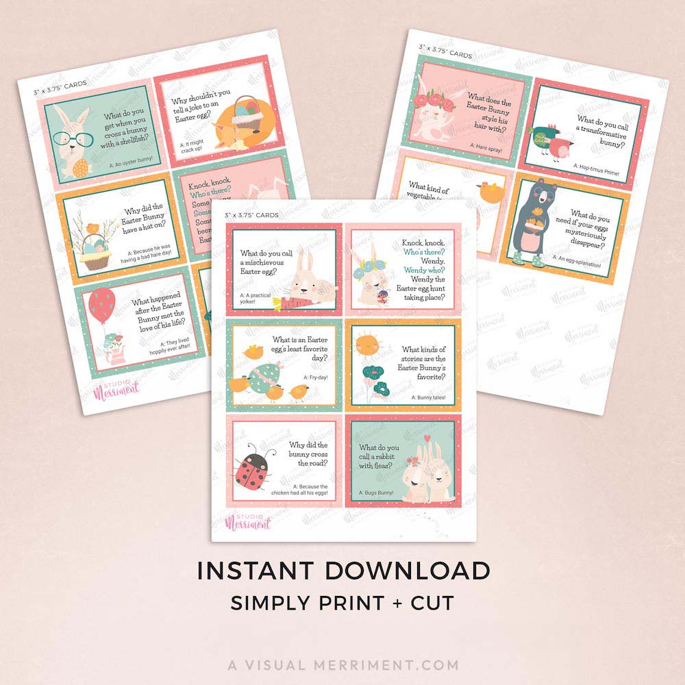 pages of easter lunch box jokes cards with pastel spring elements