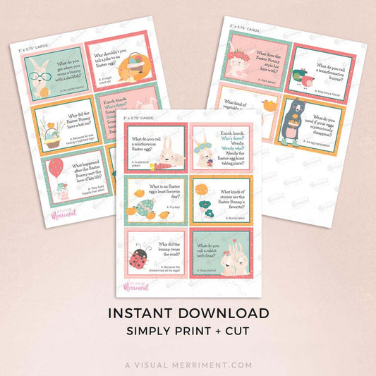 pages of easter lunch box jokes cards with pastel spring elements