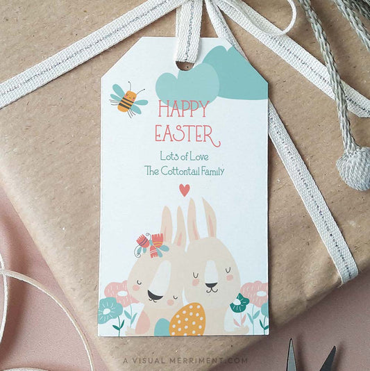 printable Spring Bunny Easter Gift Tag on wrapped gift with ribbons