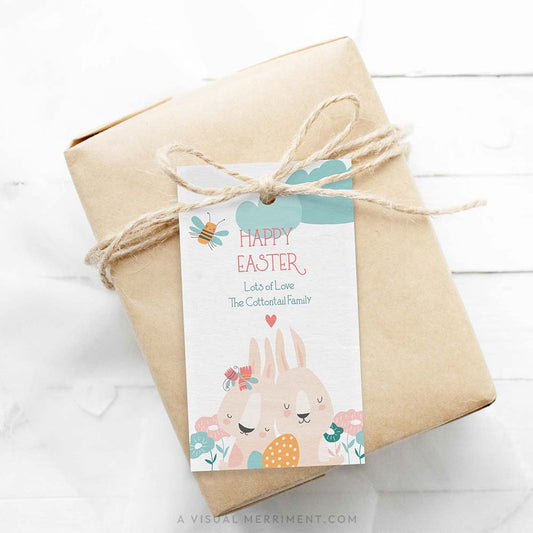 printable Spring Bunny Easter Gift Tag on wrapped brown paper gift
