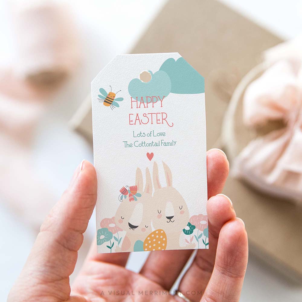hand holding printable Spring Bunny Easter Gift Tag