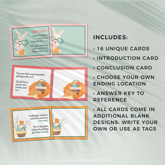 set of spring pastel easter scavenger hunt printable clue cards and features