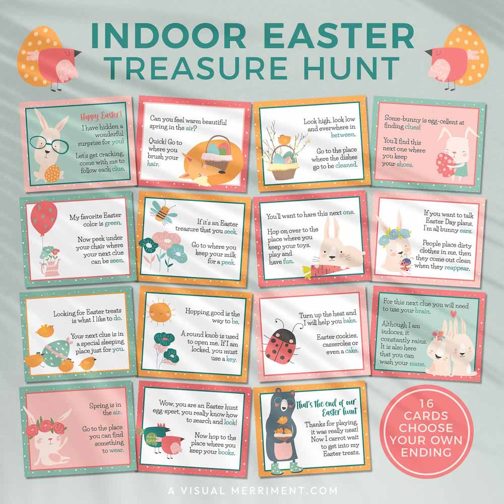 spring pastel printable easter scavenger hunt clue cards laid out on green background
