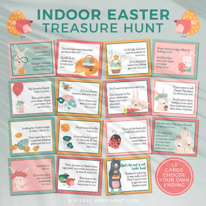 spring pastel printable easter scavenger hunt clue cards laid out on green background