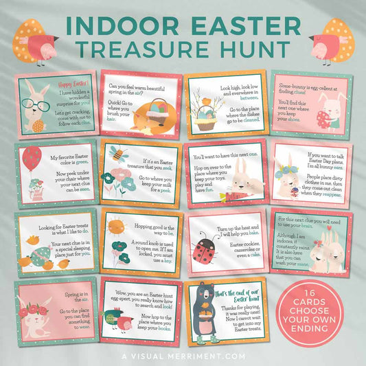 spring pastel printable easter scavenger hunt clue cards laid out on green background