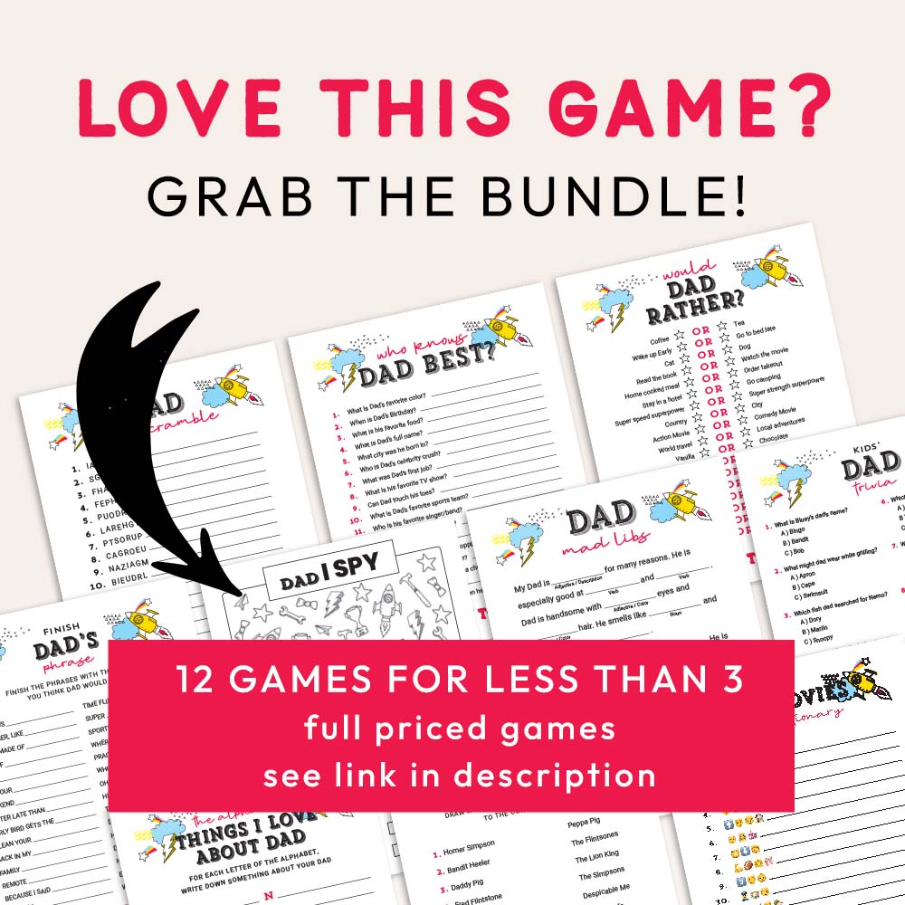 father's day printable game bundle graphic with pages of included games