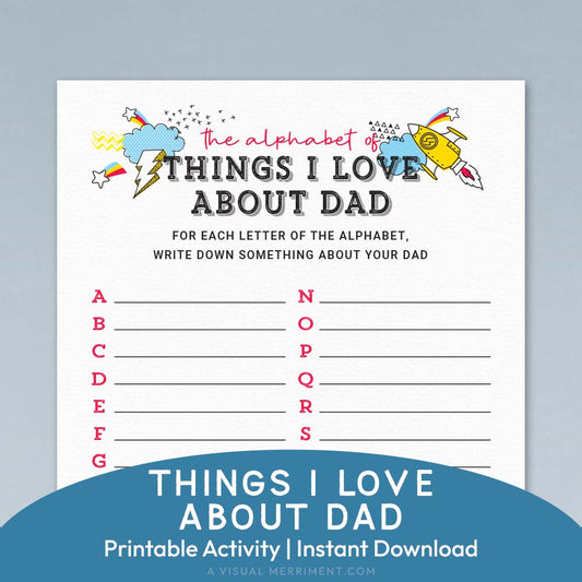 alphabet of things i love about dad father's day activity page on blue background