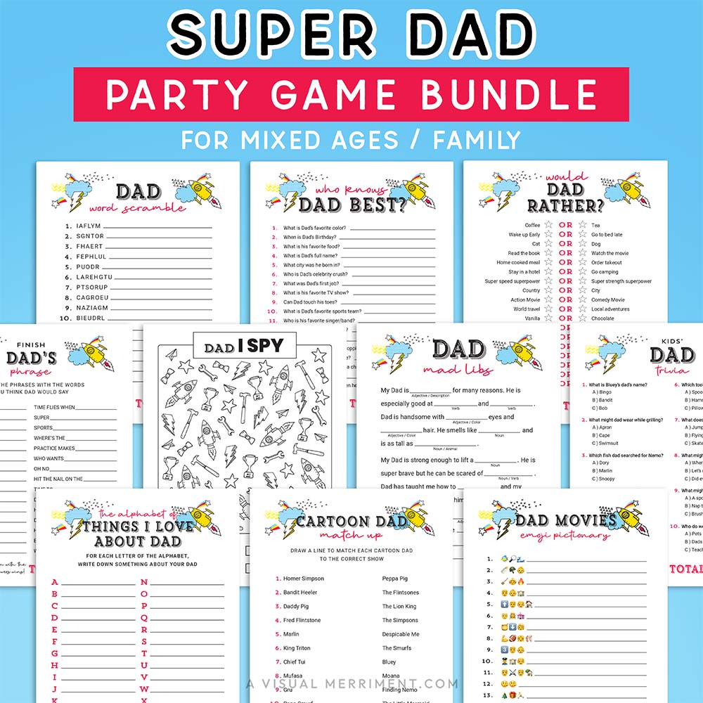 dad fathers day game bundle for mixed ages with pages of activities on blue background