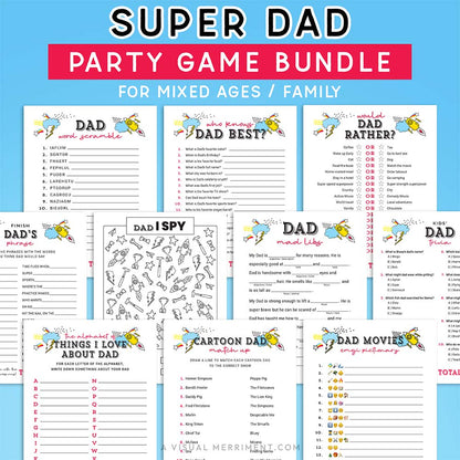 dad fathers day game bundle for mixed ages with pages of activities on blue background