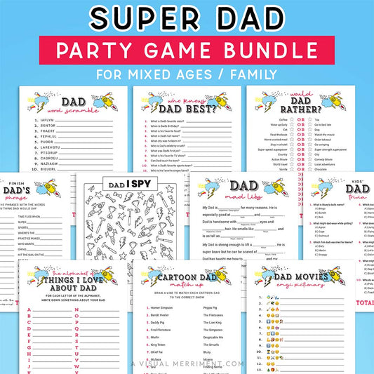 dad fathers day game bundle for mixed ages with pages of activities on blue background