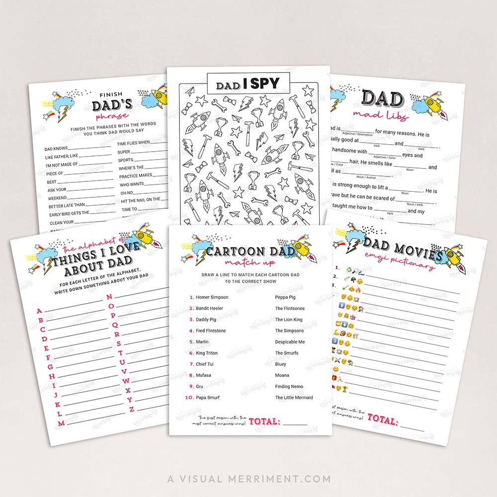 6 fathers day game pages fanned out including mad libs, emoji pictionary & more