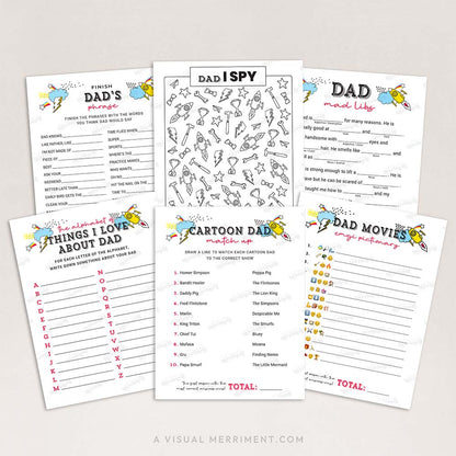 6 fathers day game pages fanned out including mad libs, emoji pictionary & more