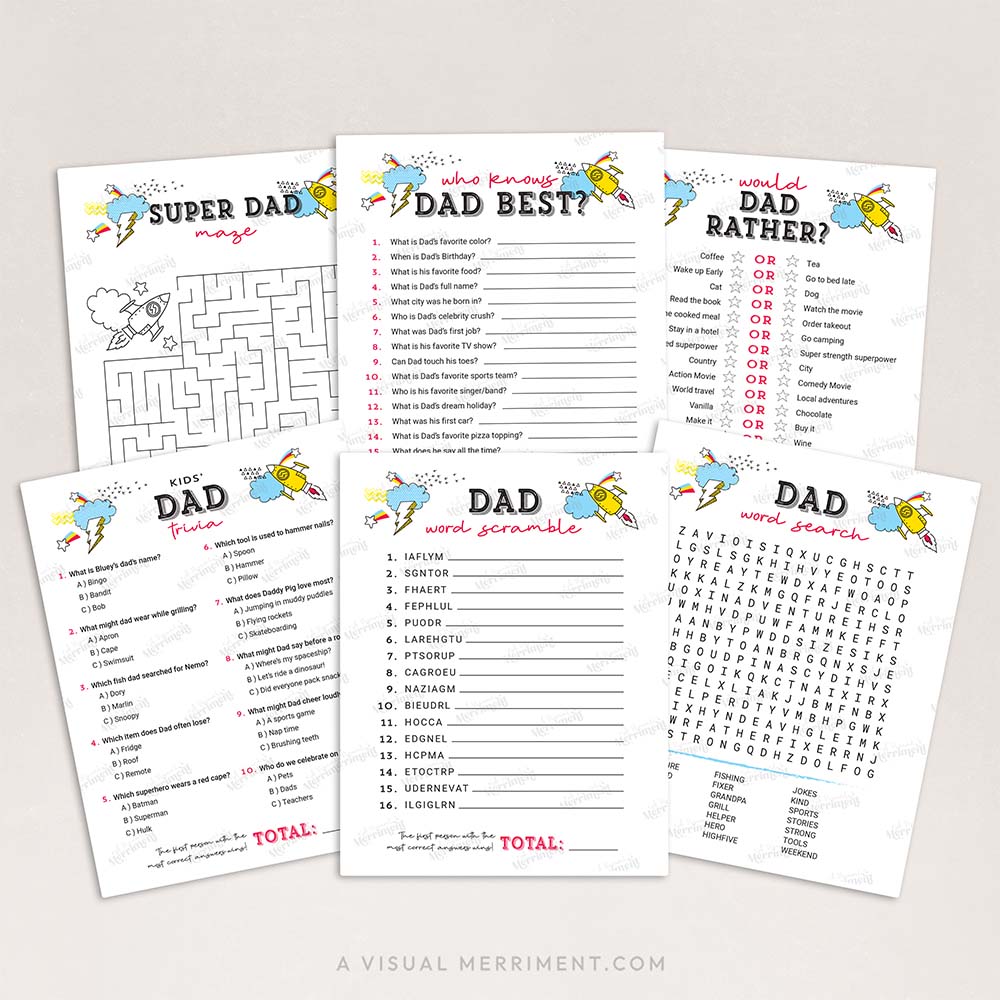 6 fathers day game pages fanned out including who knows dad best, would dad rather and more