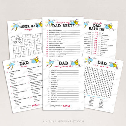 6 fathers day game pages fanned out including who knows dad best, would dad rather and more
