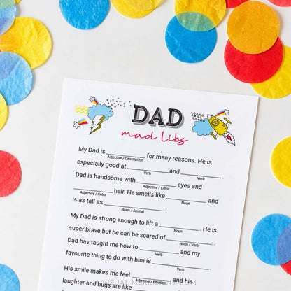 dad mad libs father's day game page with colorful confetti