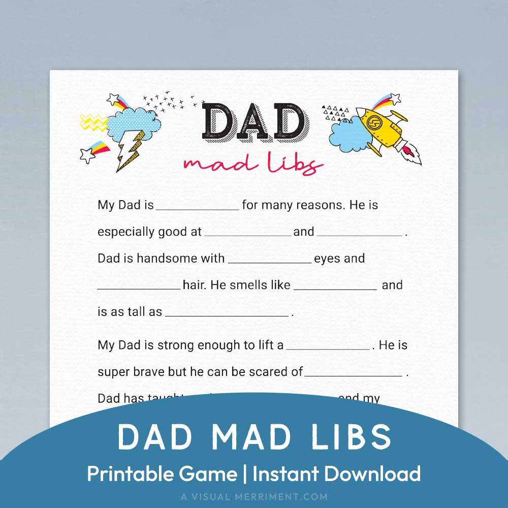 dad mad libs printable father's day game page on blue background