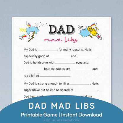 dad mad libs printable father's day game page on blue background