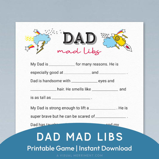 dad mad libs printable father's day game page on blue background