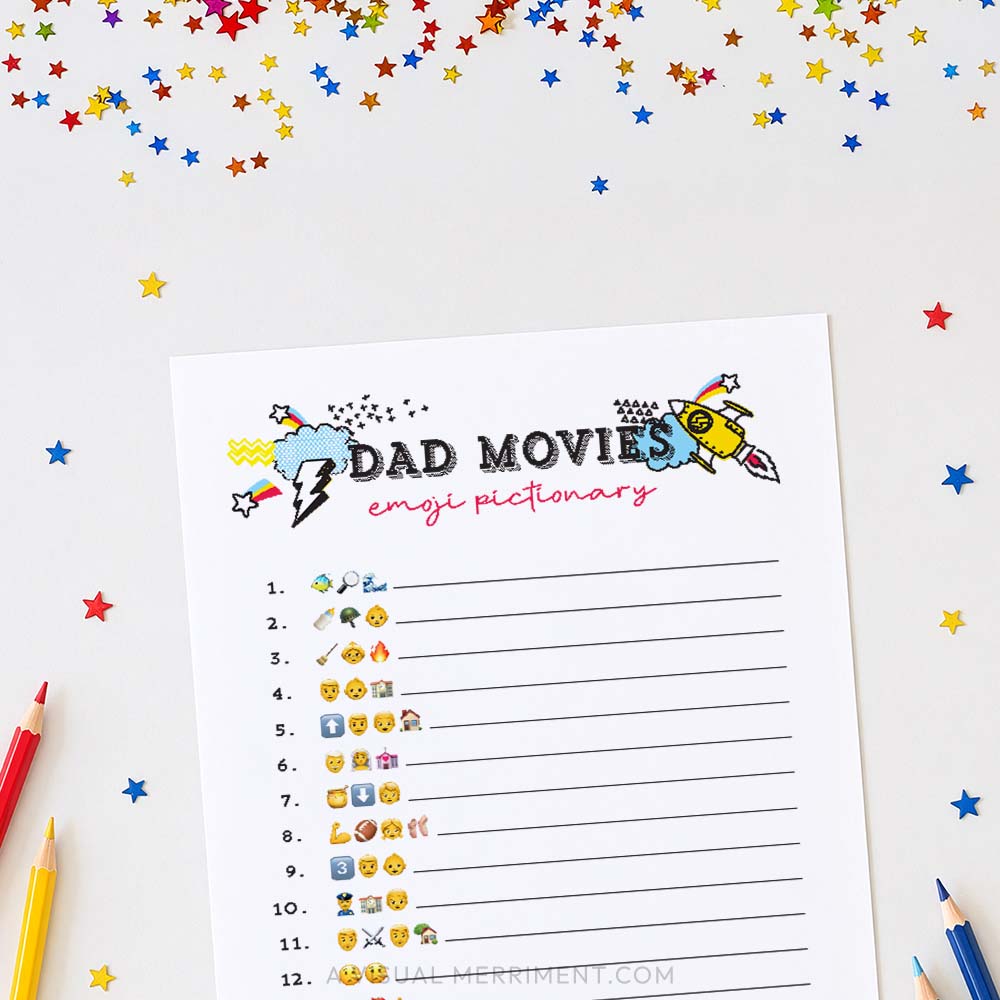 dad movies emoji pictionary father's day game page with pencils and star sequins