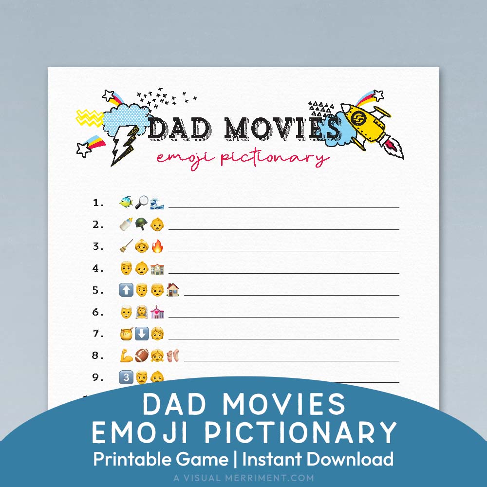 dad movies emoji pictionary printable father's day game page on blue background