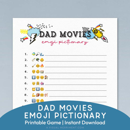 dad movies emoji pictionary printable father's day game page on blue background