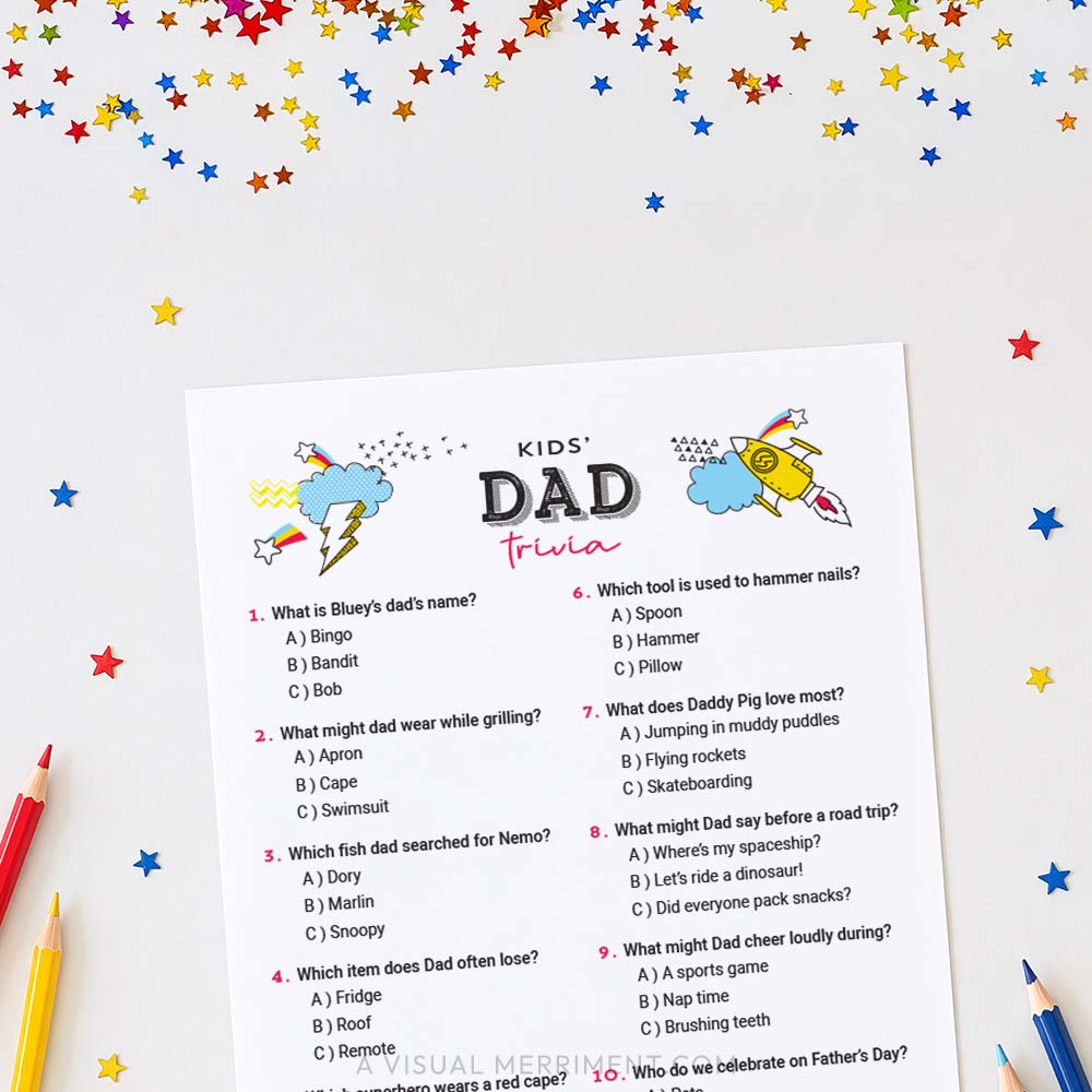 easy kids dad's trivia father's day game page with pencils and star sequins