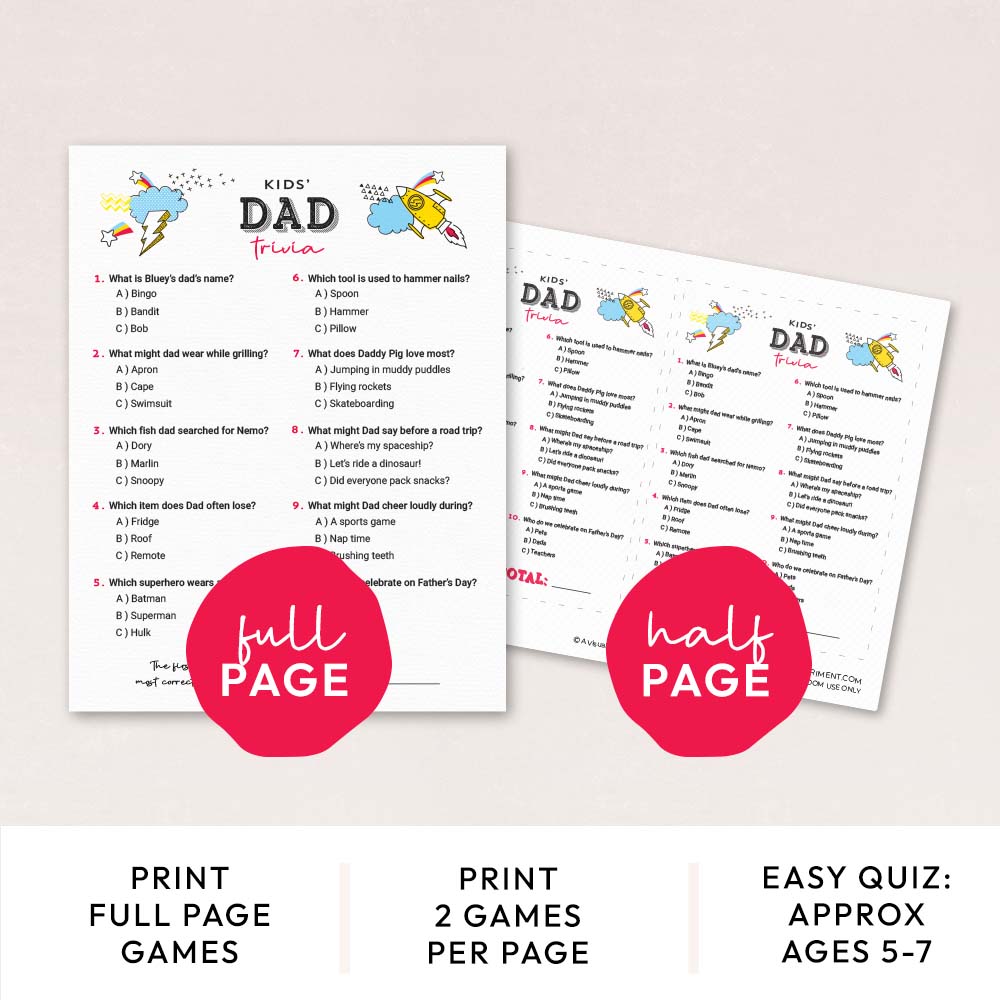 easy kids dad's trivia game pages with features