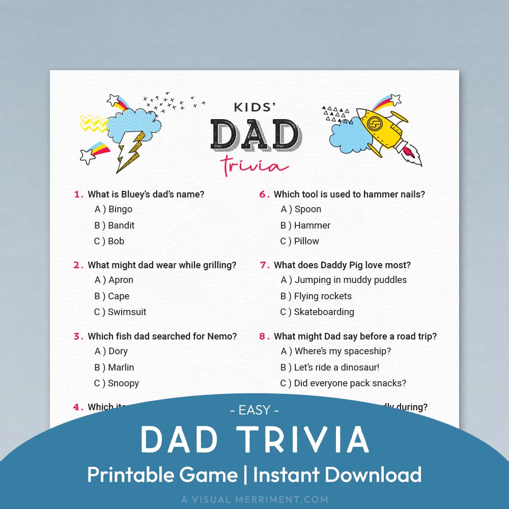 easy kids dad's trivia printable father's day game page on blue background