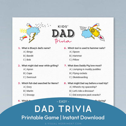 easy kids dad's trivia printable father's day game page on blue background