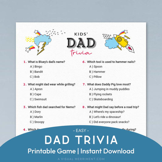 easy kids dad's trivia printable father's day game page on blue background