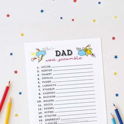 dad word scramble father's day game page with pencils and star sequins