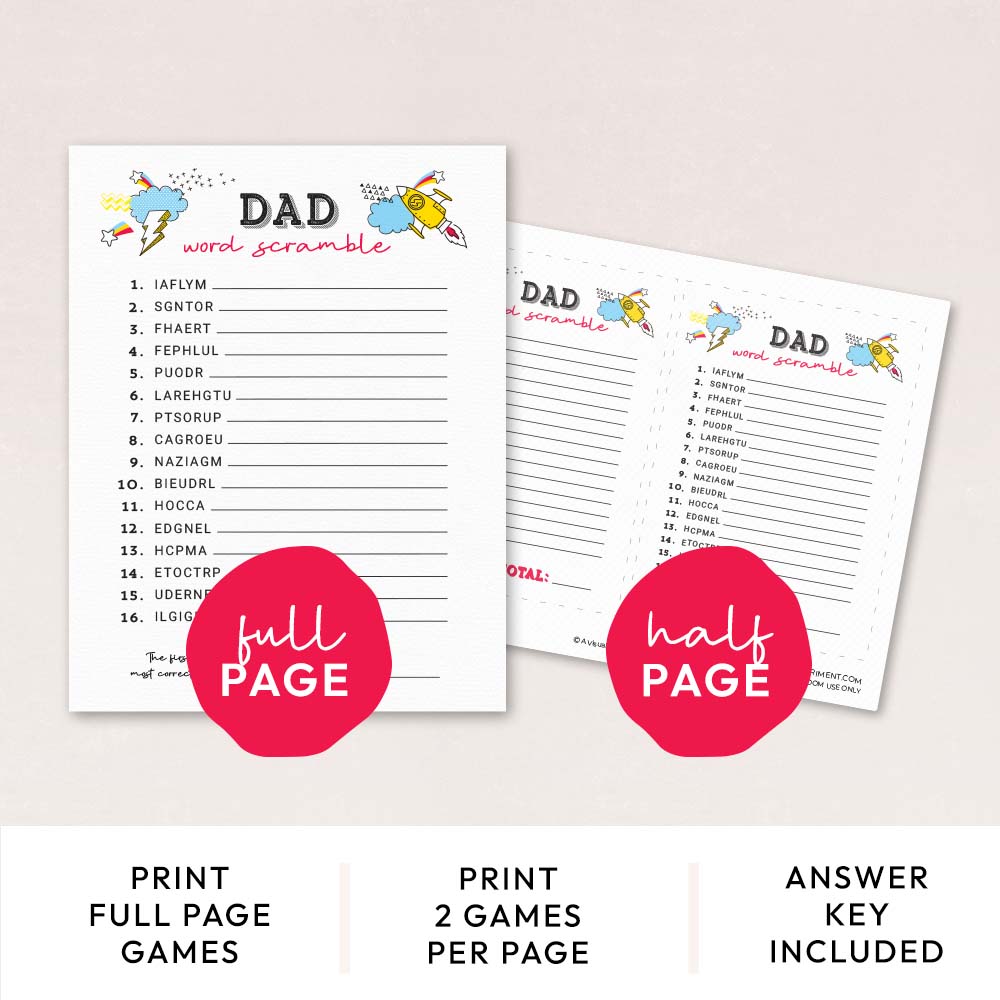 dad word scramble activity game pages with features