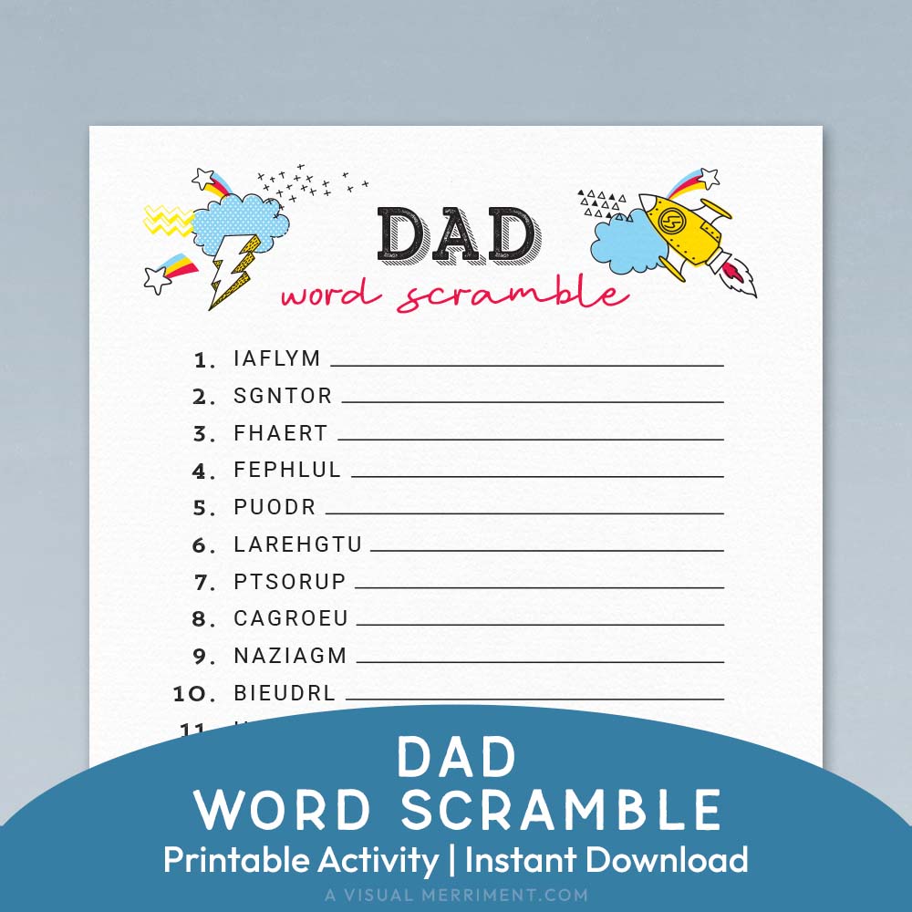 dad word scramble printable father's day game page on blue background