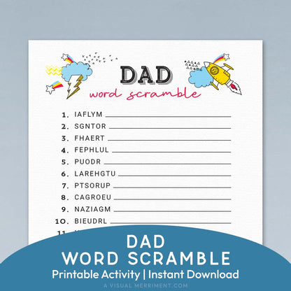 dad word scramble printable father's day game page on blue background