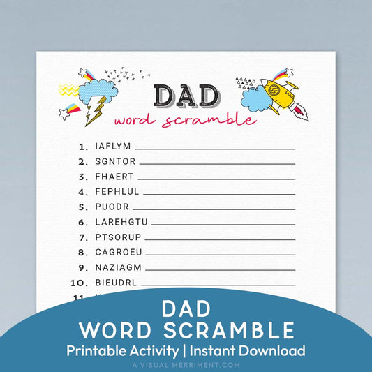 dad word scramble printable father's day game page on blue background