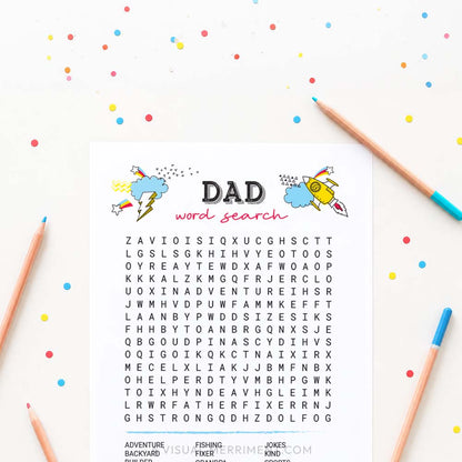 dad word search father's day game page with pencils and confetti