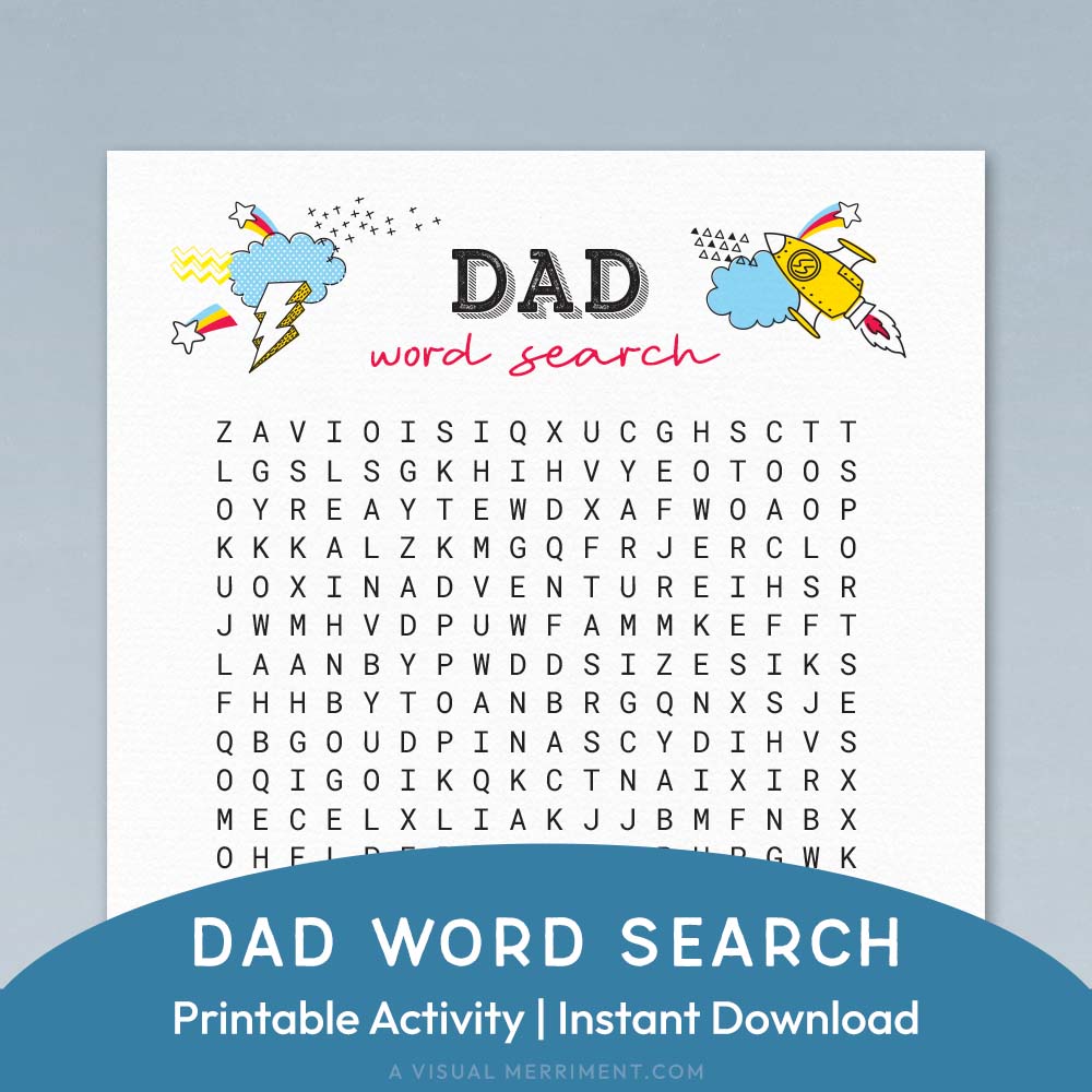 dad word search printable father's day game page on blue background