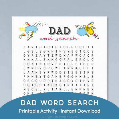 dad word search printable father's day game page on blue background