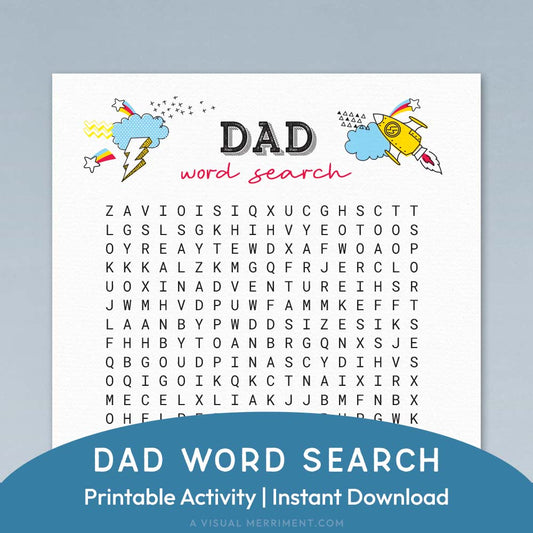 dad word search printable father's day game page on blue background