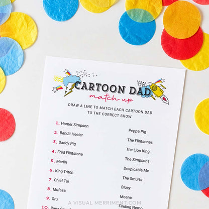 cartoon dad match up father's day game page with colorful confetti