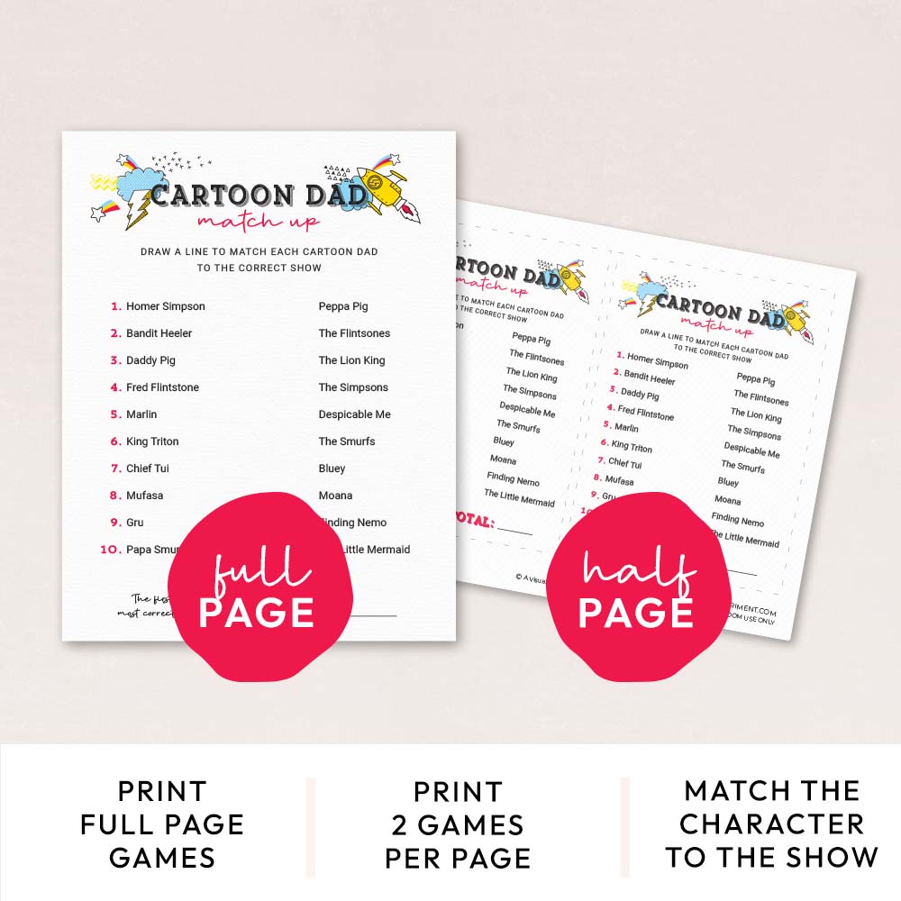 cartoon dad match up game pages with features